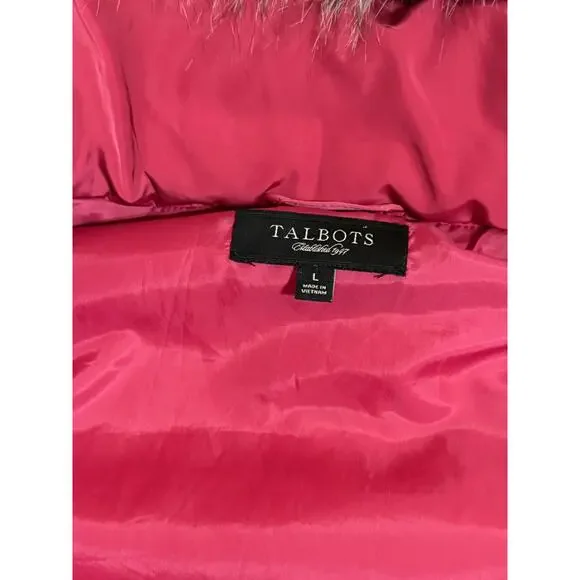 Talbots Size Large Pink Puffer Vest Fur Hood Duck Down Fill Winter Skiing Women - Picture 3 of 11